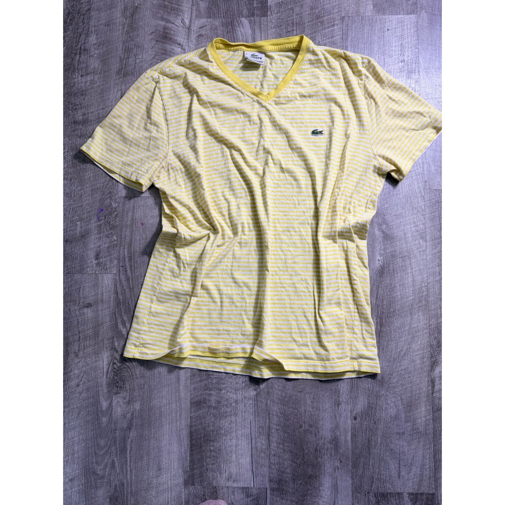 Lacoste Womens Yellow White Striped V-Neck T-Shirt Regular Fit Size 6